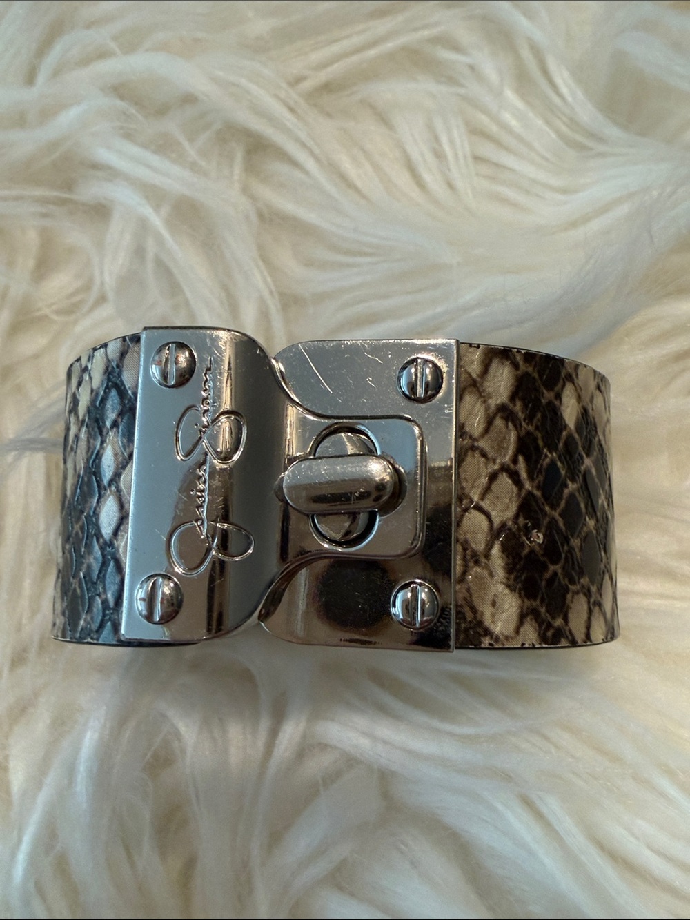 Jessica Simpson Black and White Snake-Print Cuff Bracelet with Silver-Tone Lock